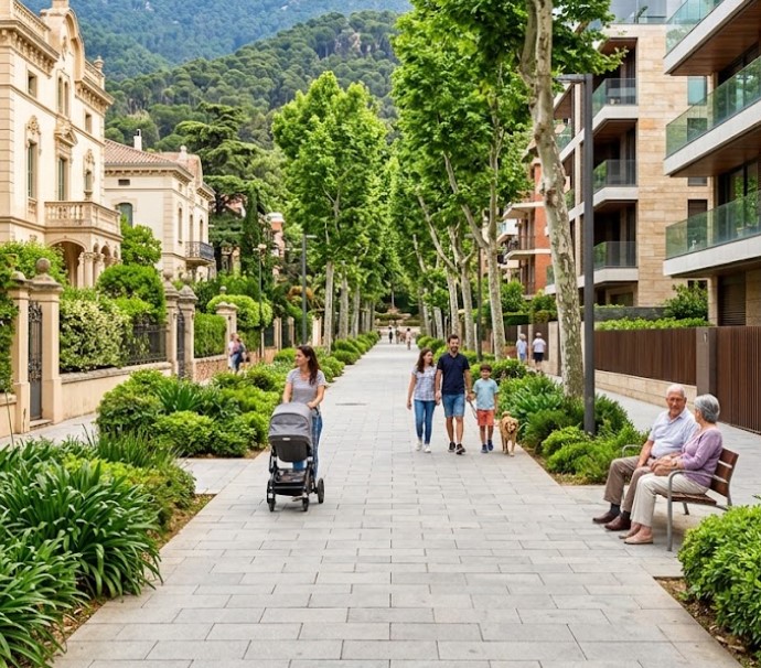 Vistas de las calles tranquilas, parques y zonas residenciales exclusivas en Sant Just Desvern